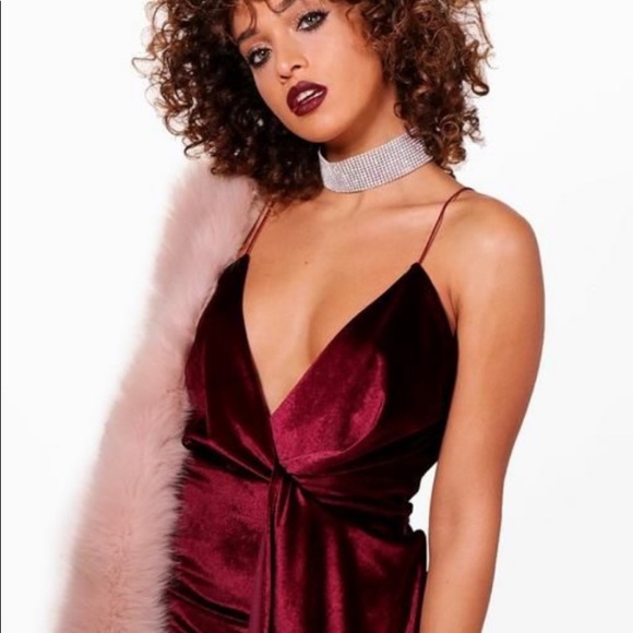 Velvet plunge Neck Drape Bodycon Dress - Picture 4 of 5